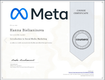 Sample Meta course certificate for Introduction to Social Media Marketing issued through Coursera
