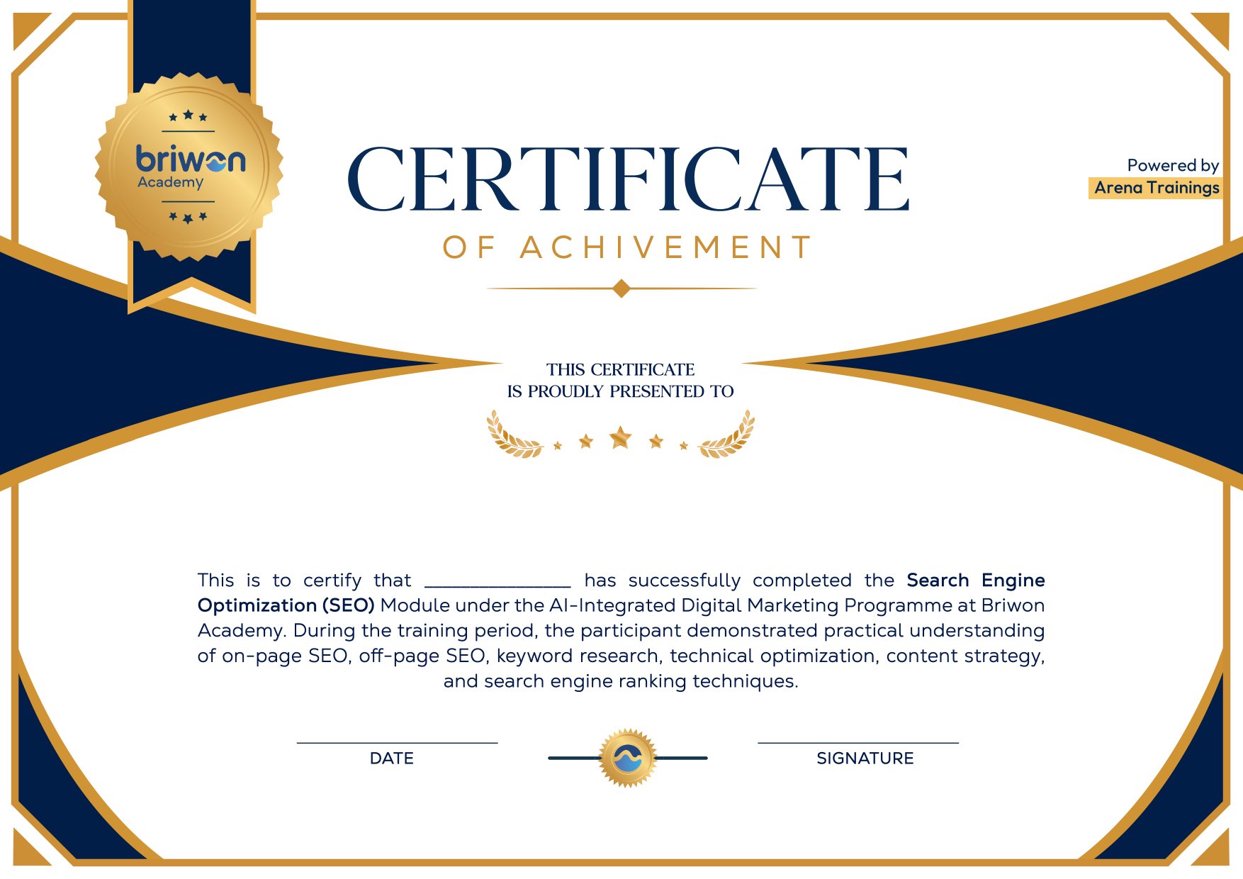 Briwon Academy Search Engine Optimization module certificate