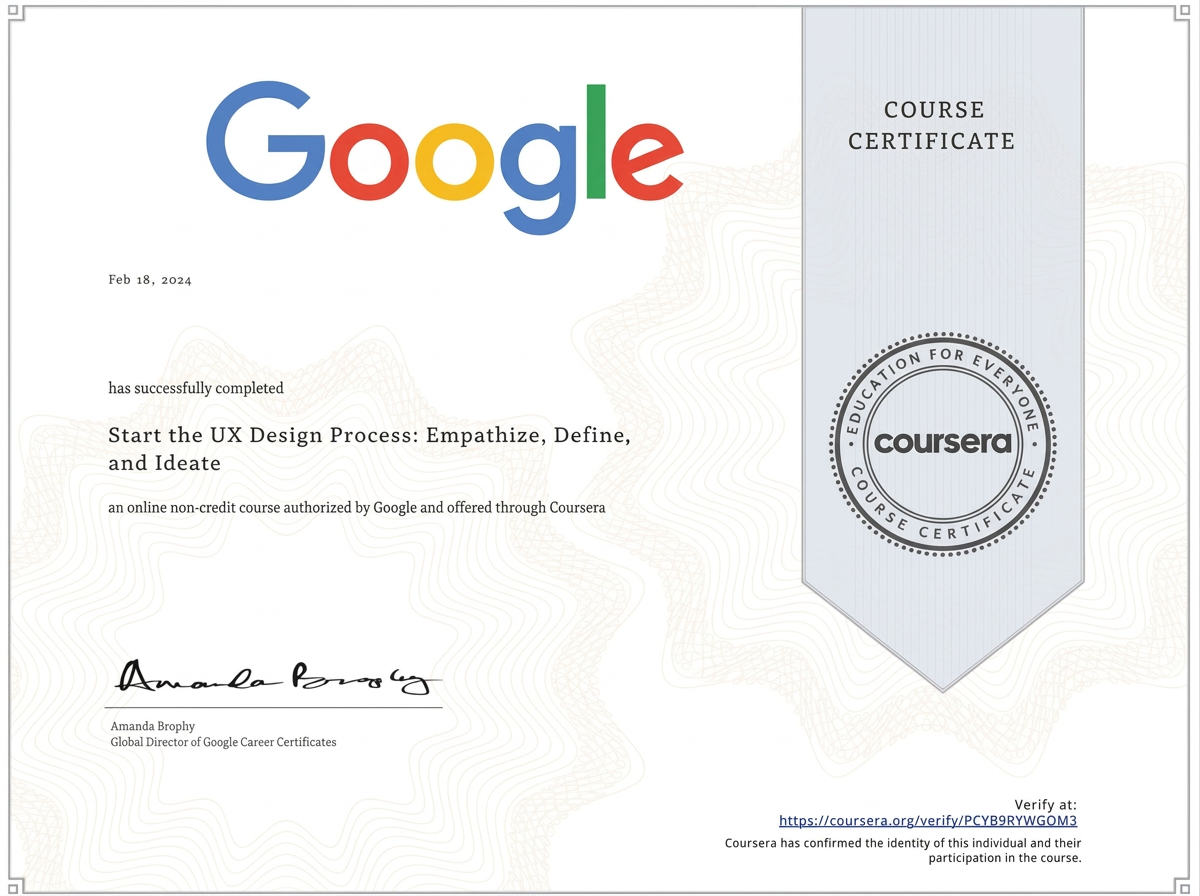 Sample Google course certificate issued through Coursera