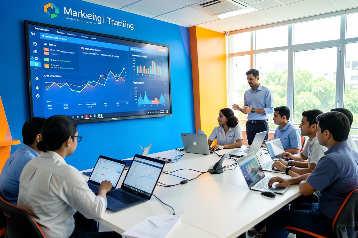 Students learning digital marketing dashboards in the Briwon Academy training lab
